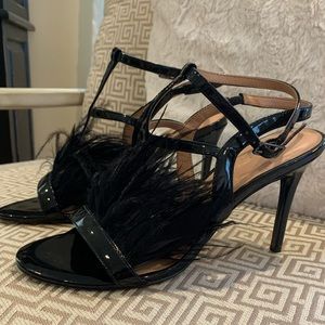 Halston Heritage Black Feather Accent Patent Leather Strappy Heels Size 8